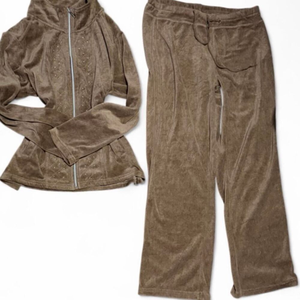 Onque Casual Y2K Brown Velour Rhinestone Mcbling Tracksuit